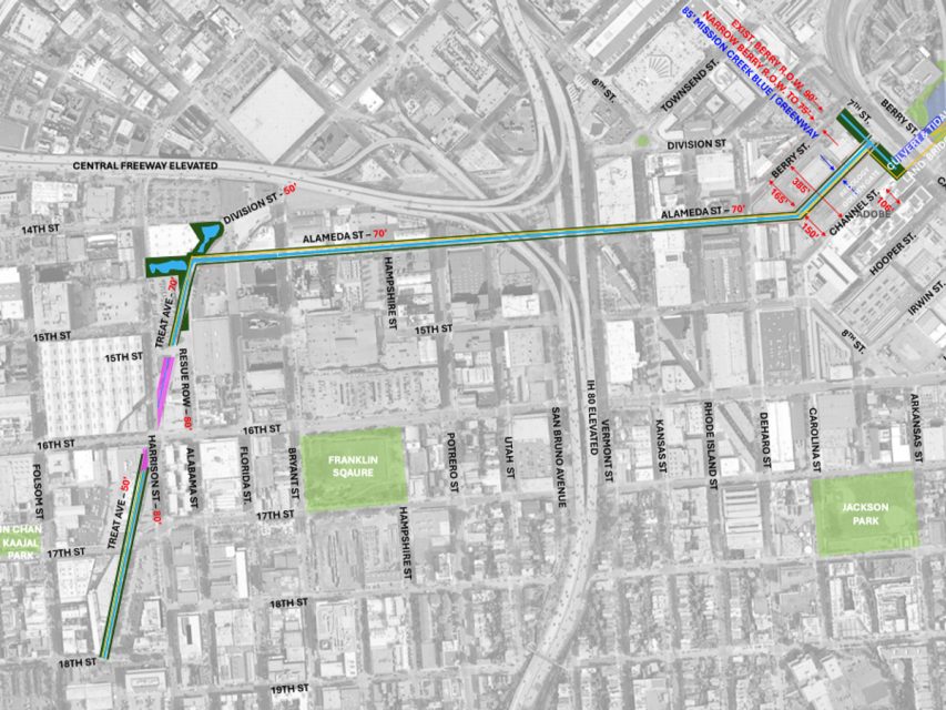 A grayscale city map showing proposed public transit routes. Green lines depict the new track paths and red lines indicate related infrastructure improvements. Major streets and landmarks are labeled.